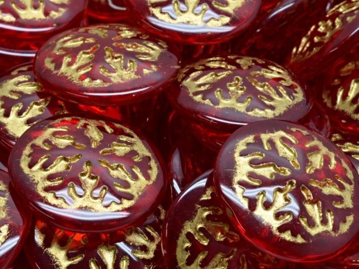 Czech Glass Cabochons 21 mm, Ruby with Gold Decor, Czech Glass