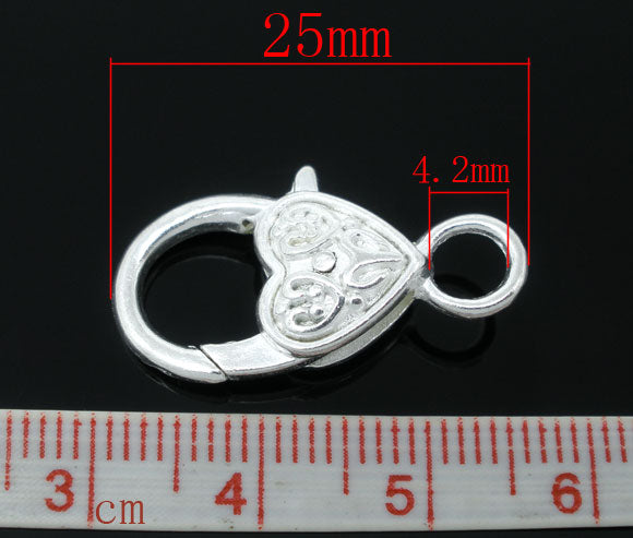1 pc Lobster Clasp Heart Shaped, 25x13mm, Silver Plated