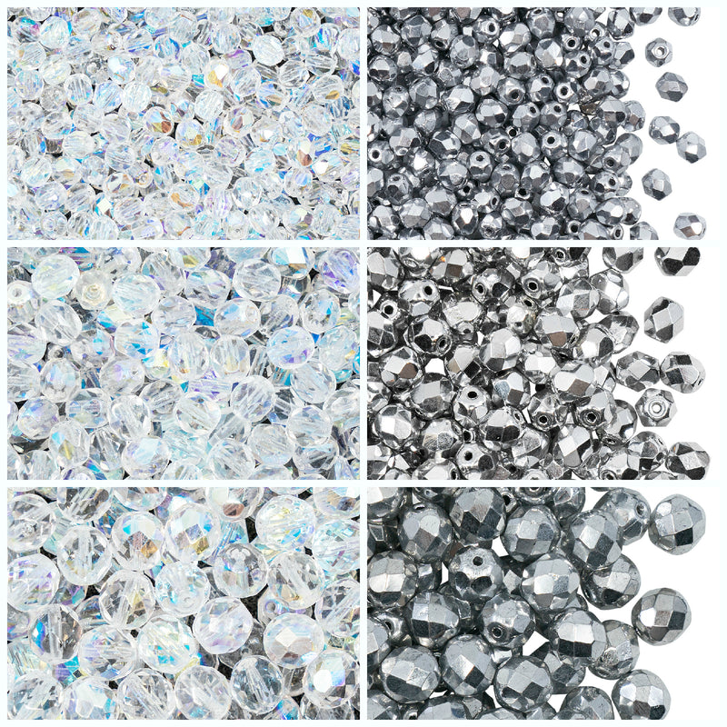 Set of Round Fire Polished Beads (4mm, 6mm, 8mm), 2 colors: Crystal AB and Crystal Full Labrador, Czech Glass