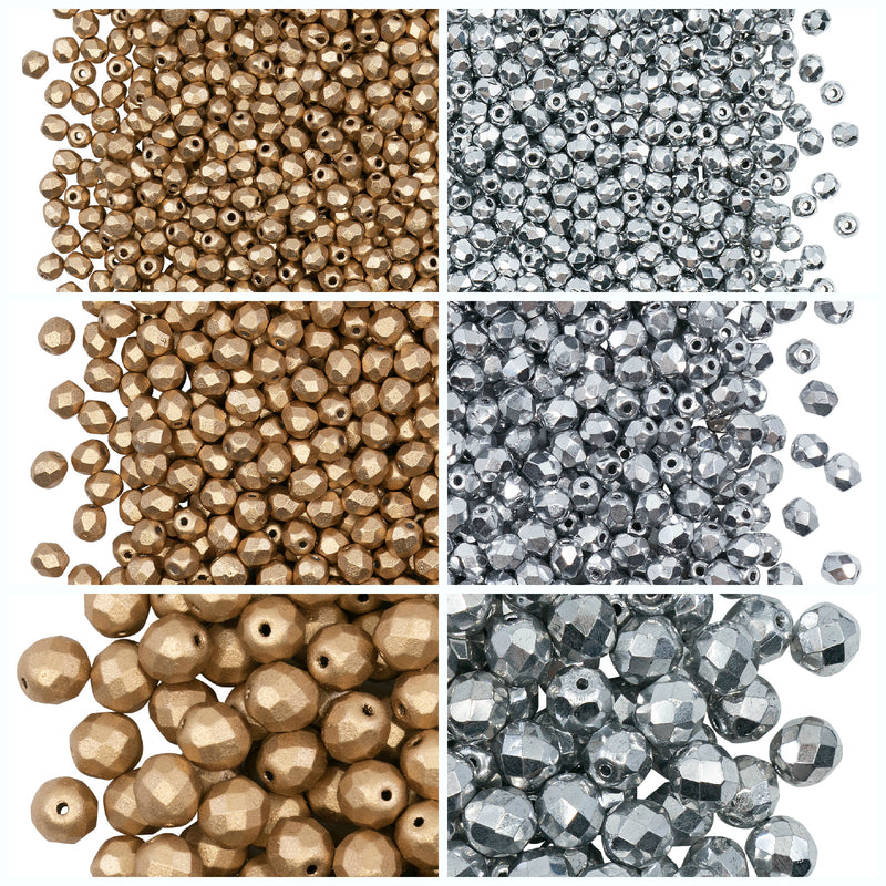 Set of Round Fire Polished Beads (3mm, 4mm, 8mm), 2 colors: Aztec Gold and Crystal Full Labrador, Czech Glass