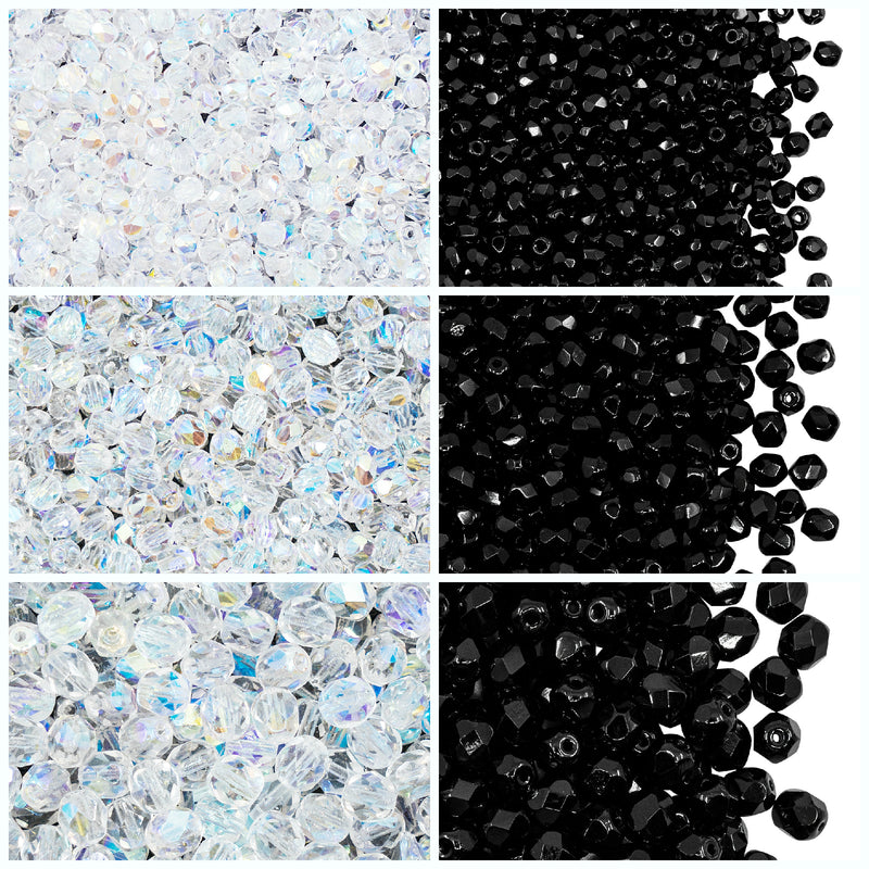 Set of Round Fire Polished Beads (3mm, 4mm, 6mm), 2 colors: Jet Black and Crystal AB, Czech Glass