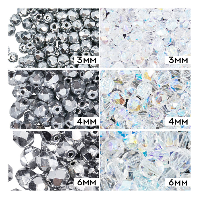 Set of Round Fire Polished Beads (3mm, 4mm, 6mm), 2 colors: Crystal AB and Crystal Full Labrador, Czech Glass