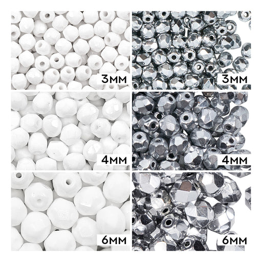 Set of Round Fire Polished Beads (3mm, 4mm, 6mm), 2 colors: Chalk White and Crystal Full Labrador, Czech Glass