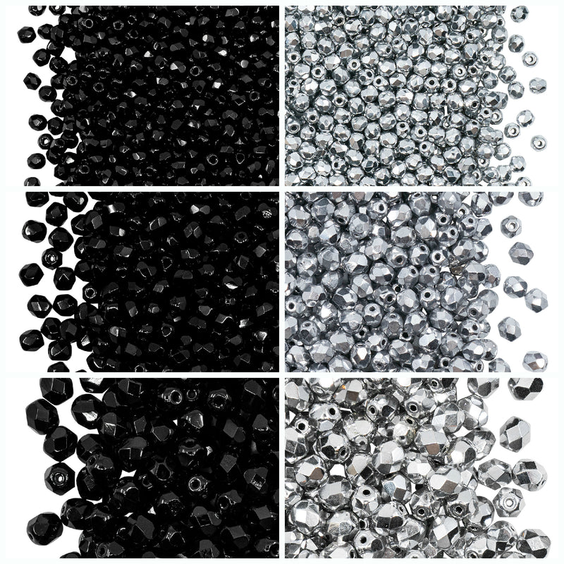 Set of Round Fire Polished Beads (3mm, 4mm, 6mm), 2 colors: Jet Black and Crystal Full Labrador, Czech Glass