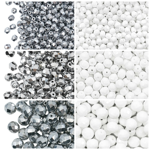 Set of Round Fire Polished Beads (4mm, 6mm, 8mm), 2 colors: Chalk White and Crystal Full Labrador, Czech Glass