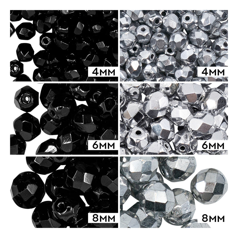 Set of Round Fire Polished Beads (4mm, 6mm, 8mm), 2 colors: Jet Black and Crystal Full Labrador, Czech Glass