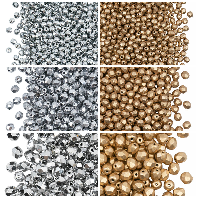 Set of Round Fire Polished Beads (3mm, 4mm, 6mm), 2 colors: Aztec Gold and Crystal Full Labrador, Czech Glass