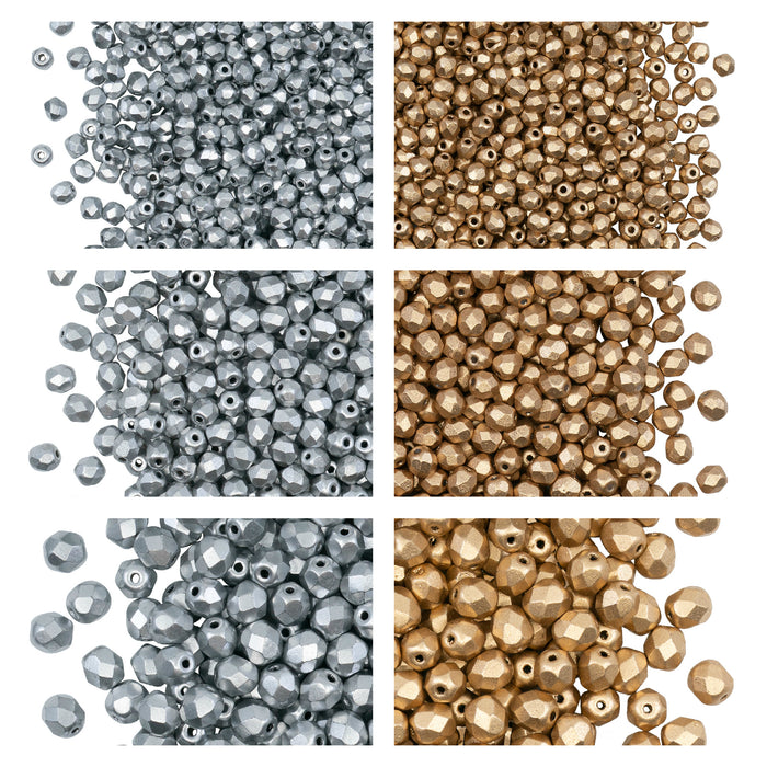 Set of Round Fire Polished Beads (3mm, 4mm, 6mm), 2 colors: Aztec Gold and Silver (Aluminium) Matte, Czech Glass
