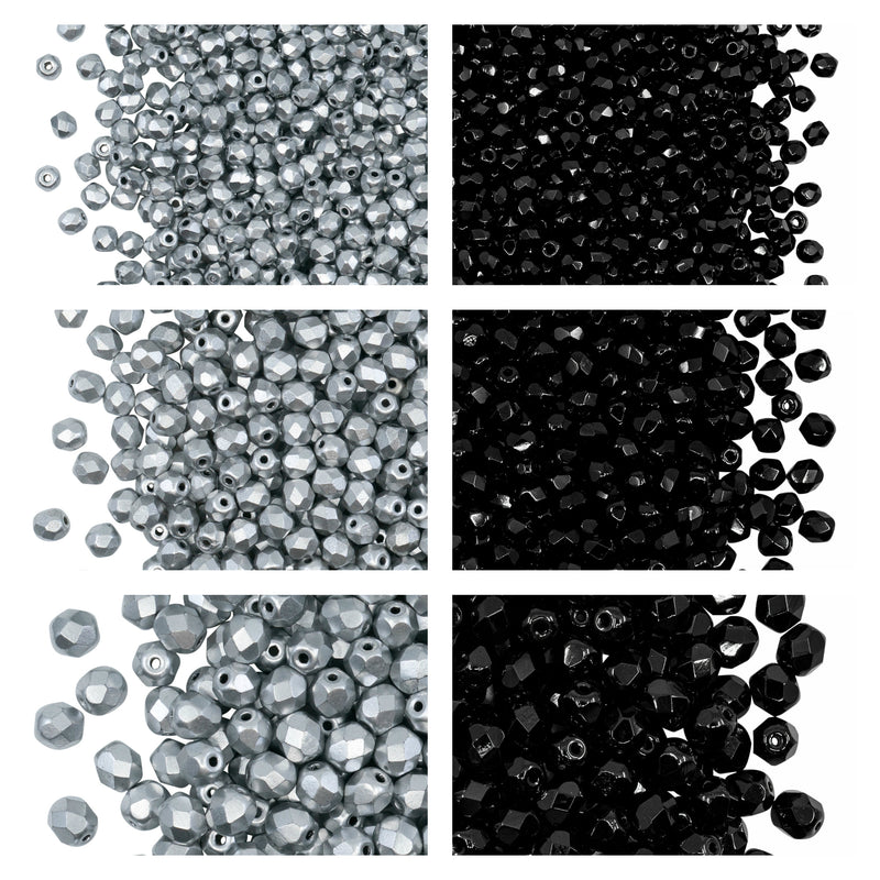 Set of Round Fire Polished Beads (3mm, 4mm, 6mm), 2 colors: Jet Black and Crystal Full Aluminum, Czech Glass