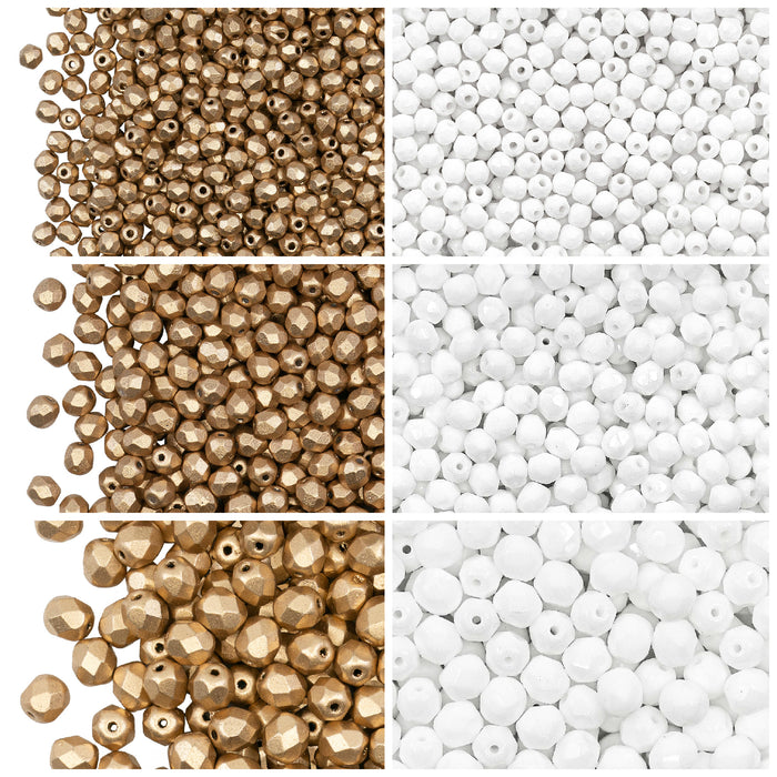 Set of Round Fire Polished Beads (3mm, 4mm, 6mm), 2 colors: Chalk White and Aztec Gold, Czech Glass