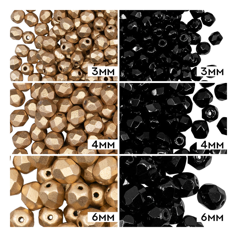 Set of Round Fire Polished Beads (3mm, 4mm, 6mm), 2 colors: Jet Black and Aztec Gold, Czech Glass