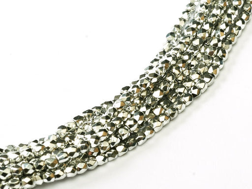 150 pcs Fire Polished Faceted Beads Round, 2mm, Crystal Full Labrador (Silver Metallic), Czech Glass
