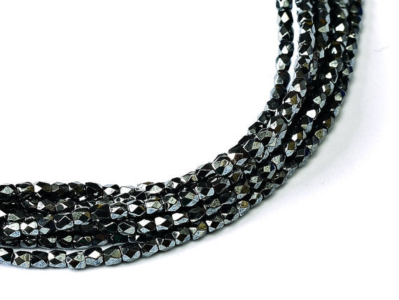 150 pcs Fire Polished Faceted Beads Round, 2mm, Jet Hematite, Czech Glass