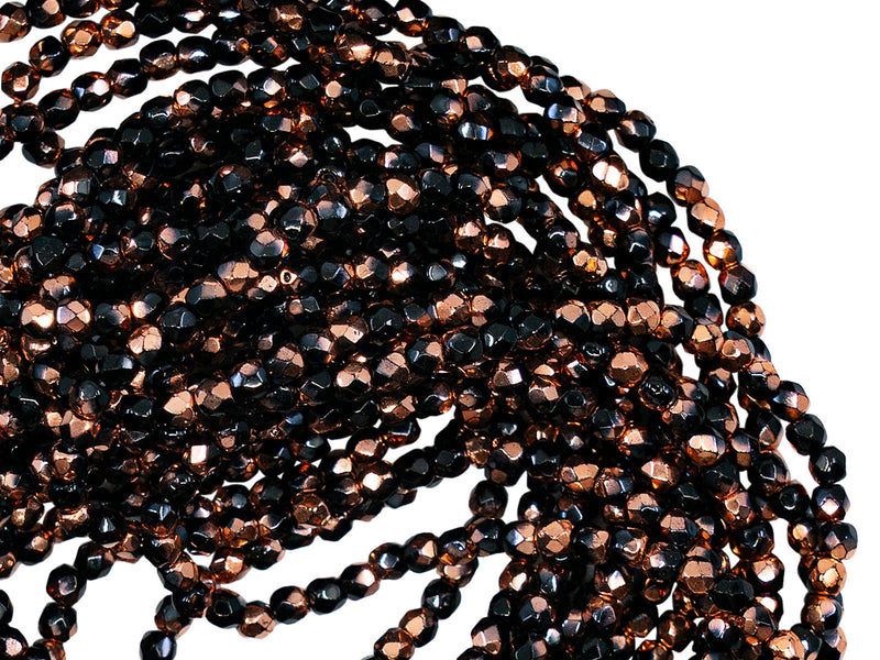 150 pcs Fire Polished Faceted Beads Round 2 mm, Jet Capri Gold, Czech Glass