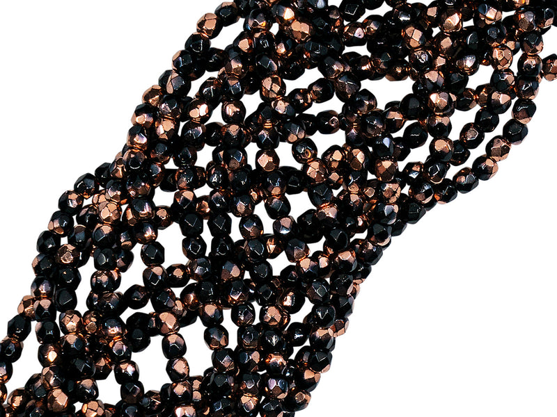 150 pcs Fire Polished Faceted Beads Round 2 mm, Jet Capri Gold, Czech Glass