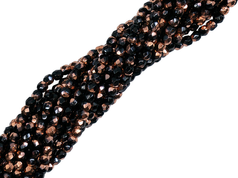 150 pcs Fire Polished Faceted Beads Round 2 mm, Jet Capri Gold, Czech Glass