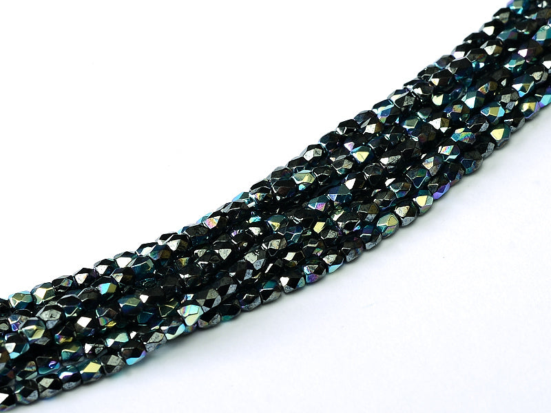 Fire Polished Faceted Beads Round 2 mm, Jet Hematite AB, Czech Glass