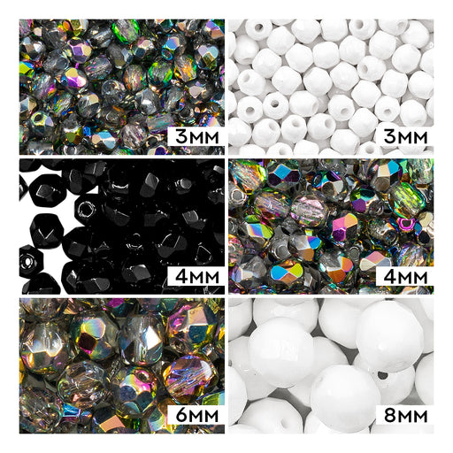 Set of Round Fire Polished Beads (3mm, 4mm, 6mm, 8mm), 3 colors: Crystal Vitrail, Chalk White, Jet Black, Czech Glass