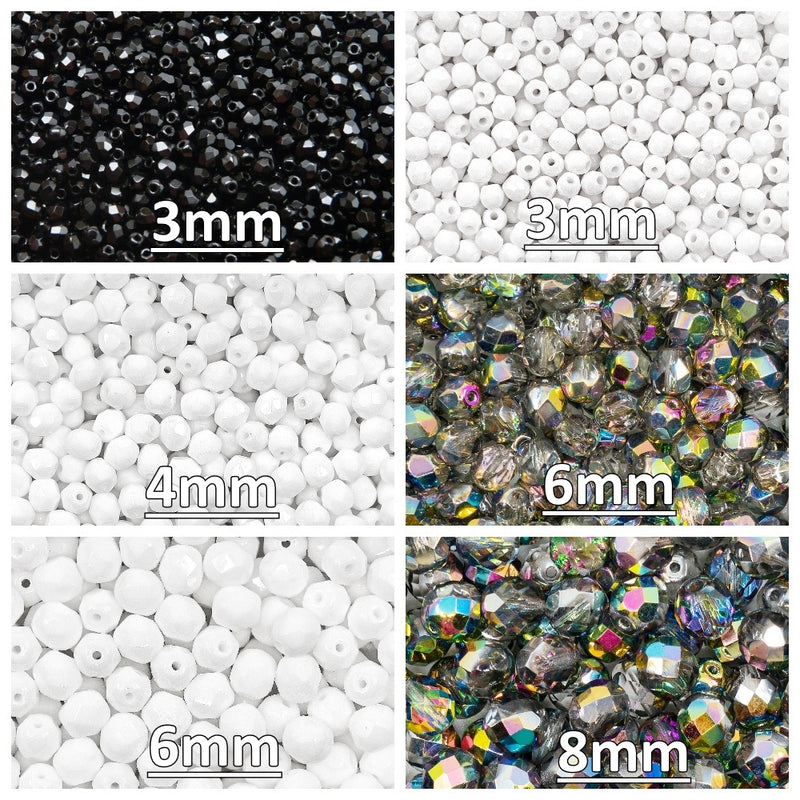 Set of Round Fire Polished Beads (3mm, 4mm, 6mm, 8mm), 3 colors: Crystal Vitrail, Chalk White, Jet Black, Czech Glass
