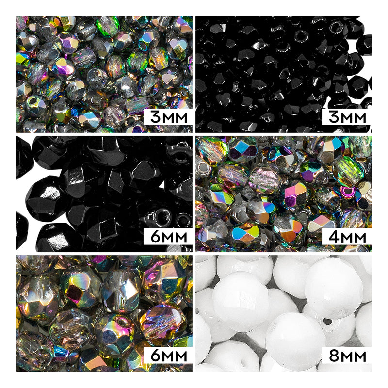 Set of Round Fire Polished Beads (3mm, 4mm, 6mm, 8mm), 3 colors: Crystal Vitrail, Chalk White, Jet Black, Czech Glass