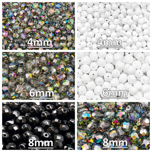 Set of Round Fire Polished Beads ( 4mm, 6mm, 8mm), 3 colors: Crystal Vitrail, Chalk White, Jet Black, Czech Glass