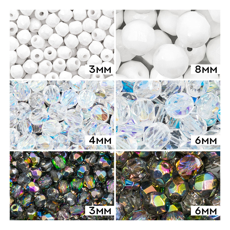 Set of Round Fire Polished Beads (3mm, 4mm, 6mm, 8mm), 3 colors: Crystal Vitrail, Chalk White, Crystal AB, Czech Glass