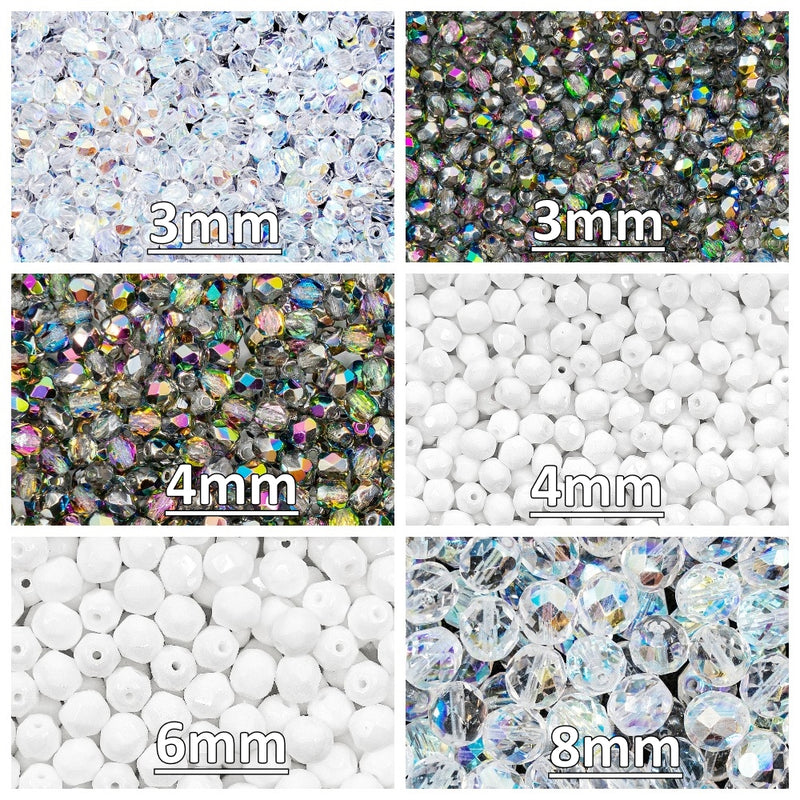 Set of Round Fire Polished Beads (3mm, 4mm, 6mm, 8mm), 3 colors: Crystal Vitrail, Chalk White, Crystal AB, Czech Glass