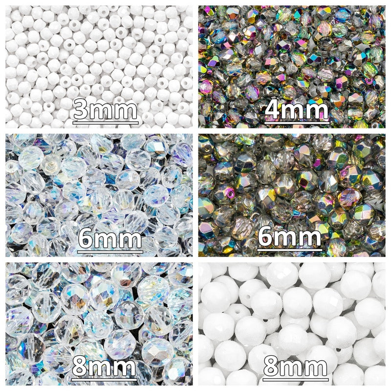 Set of Round Fire Polished Beads (3mm, 4mm, 6mm, 8mm), 3 colors: Crystal Vitrail, Chalk White, Crystal AB, Czech Glass