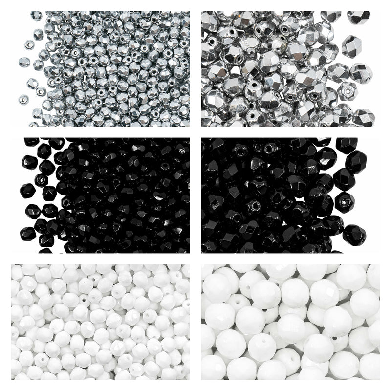 Set of Round Fire Polished Beads (3mm, 4mm, 6mm, 8mm), 3 colors: Crystal Full Labrador, Jet Black, Chalk White, Czech Glass