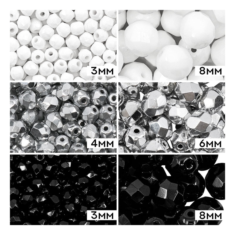 Set of Round Fire Polished Beads (3mm, 4mm, 6mm, 8mm), 3 colors: Jet Black, Chalk White, Crystal Full Labrador, Czech Glass