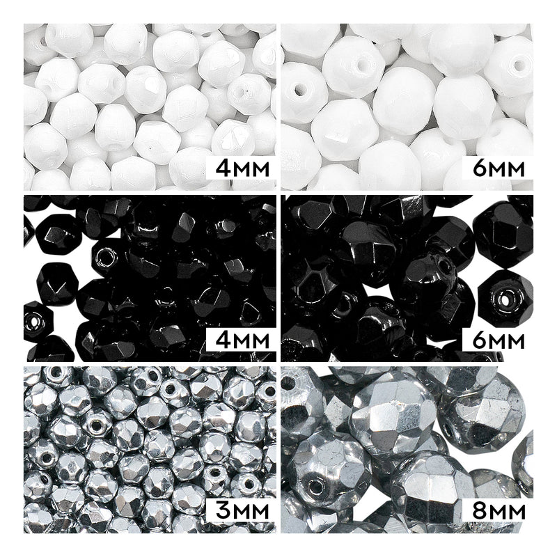 Set of Round Fire Polished Beads (3mm, 4mm, 6mm, 8mm), 3 colors: Jet Black, Chalk White, Crystal Full Labrador, Czech Glass
