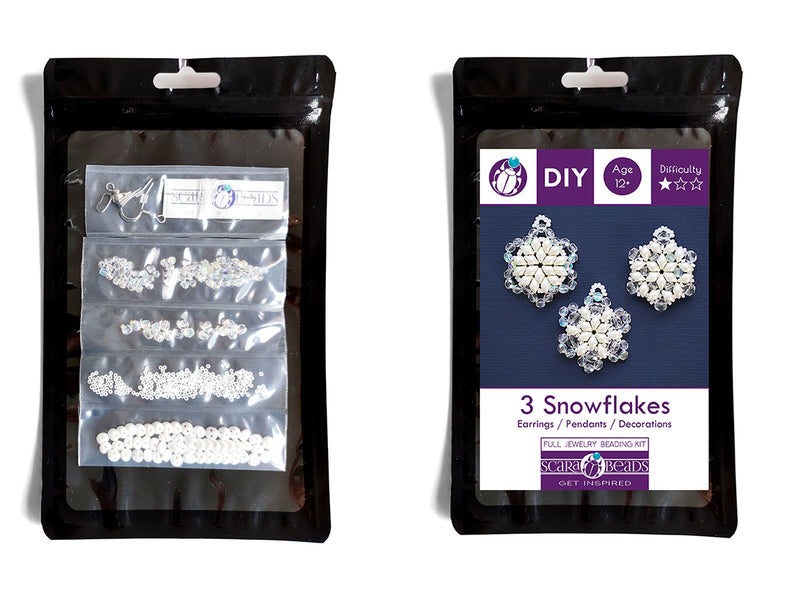 Exclusive Beading KIT “3 Snowflakes” (DIY beaded jewelry making), White