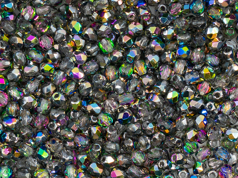 Set of Round Fire Polished Beads (3mm, 4mm, 6mm, 8mm), 3 colors: Crystal Vitrail, Chalk White, Jet Black, Czech Glass