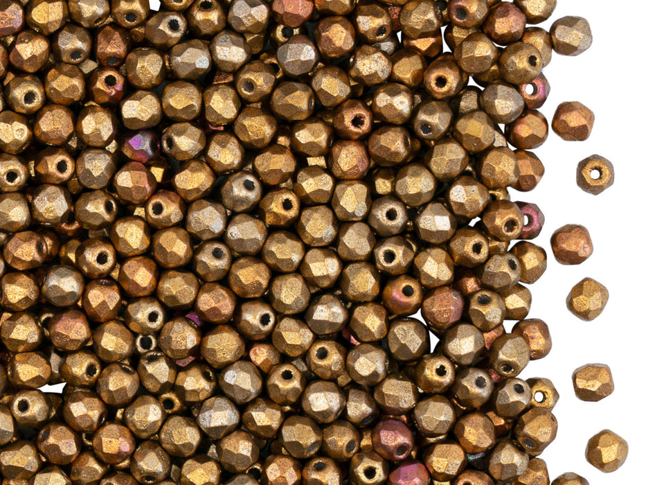 100 pcs Fire Polished Faceted Beads Round, 3mm, Silky Gold Iris Matte, Czech Glass
