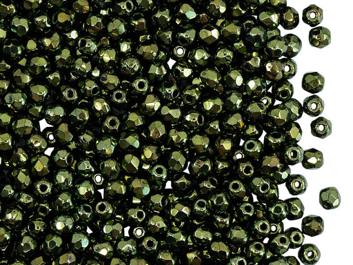 100 pcs Fire Polished Faceted Beads Round, 3mm, Jet Green Luster, Czech Glass