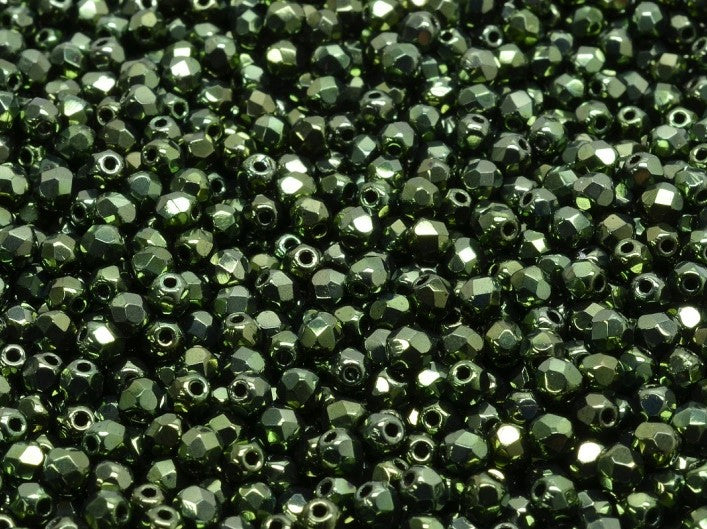 Set of Round Fire Polished Beads (3mm, 4mm, 6mm, 8mm), Jet Green Luster, Czech Glass