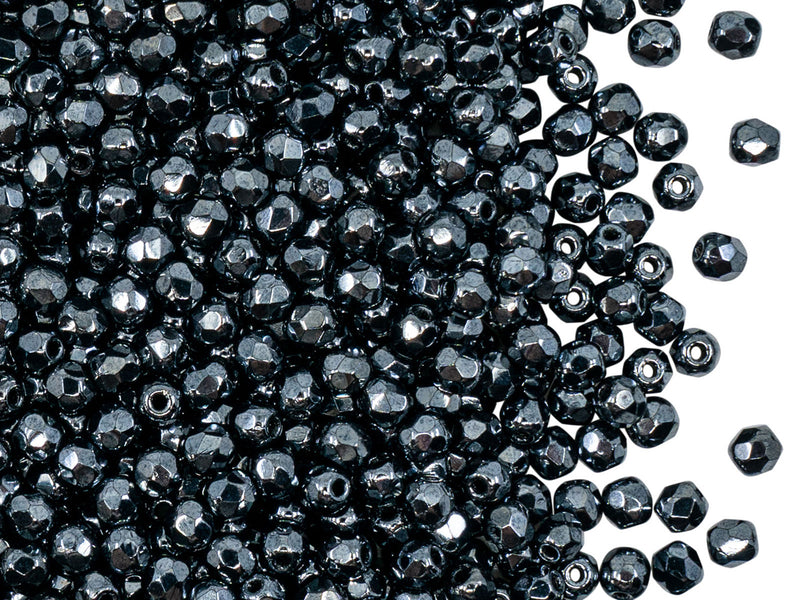 100 pcs Fire Polished Faceted Beads Round, 3mm, Jet Hematite (Gray), Czech Glass