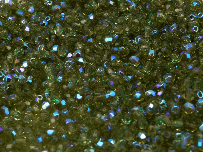 100 pcs Fire Polished Faceted Beads Round, 3mm, Olivine AB, Czech Glass