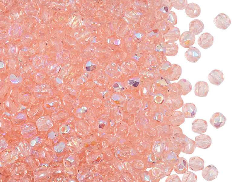 100 pcs Fire Polished Faceted Beads Round, 3mm, Rosaline AB, Czech Glass