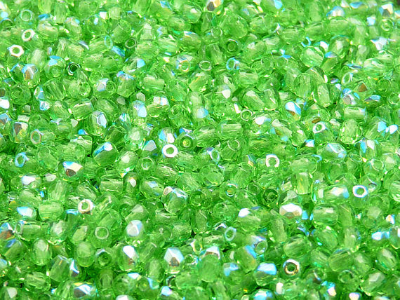 100 pcs Fire Polished Faceted Beads Round, 3mm, Chrysolite AB, Czech Glass