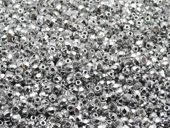 100 pcs Fire Polished Faceted Beads Round, 3mm, Crystal Full Labrador (Silver Metallic), Czech Glass