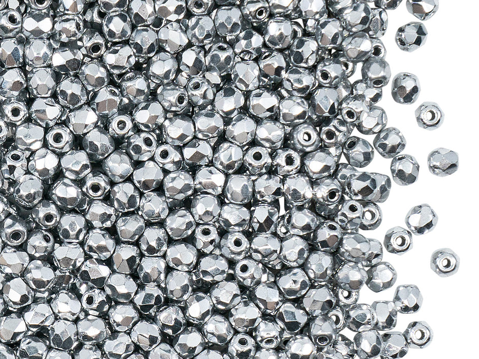100 pcs Fire Polished Faceted Beads Round, 3mm, Crystal Full Labrador (Silver Metallic), Czech Glass