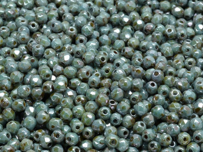 Set of Round Fire Polished Beads (3mm, 4mm, 6mm, 8mm), Chalk Blue Gray Glaze, Czech Glass