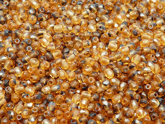 100 pcs Fire Polished Faceted Beads Round, 3mm, Combi Topaz Black, Czech Glass