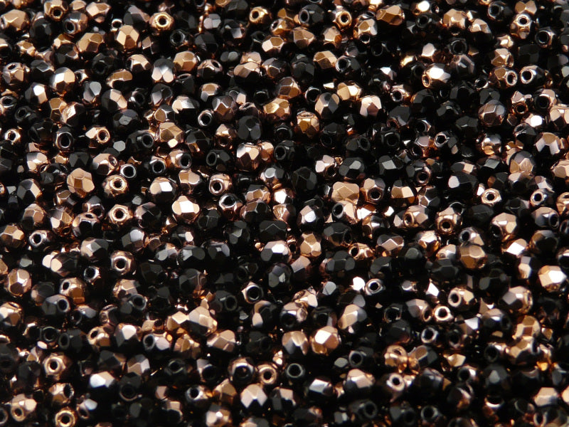 100 pcs Fire Polished Faceted Beads Round, 3mm, Jet Capri Gold, Czech Glass
