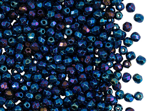 100 pcs Fire-Polished Faceted Beads Round 3mm, Czech Glass, Jet Blue Iris