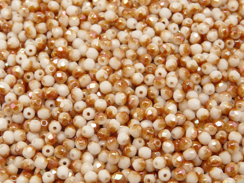 100 pcs Fire Polished Faceted Beads Round, 3mm, Chalk White Apricot, Czech Glass