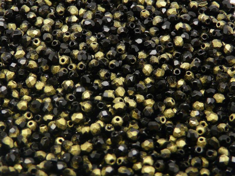 100 pcs Fire Polished Faceted Beads Round, 3mm, Jet Rutile Gold, Czech Glass