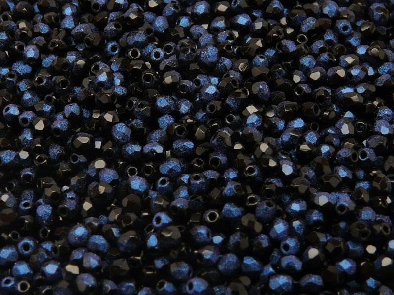 100 pcs Fire Polished Faceted Beads Round, 3mm, Jet Rutile Blue, Czech Glass