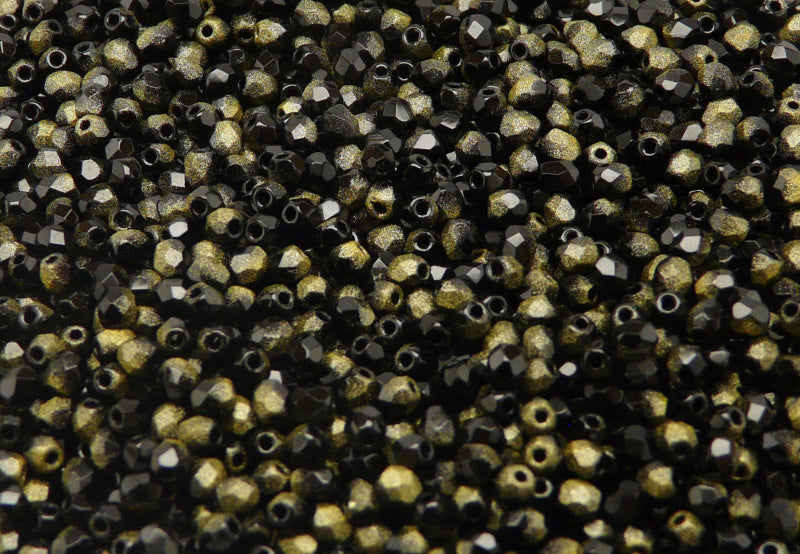 100 pcs Fire Polished Faceted Beads Round, 3mm, Jet Rutile Yellow, Czech Glass